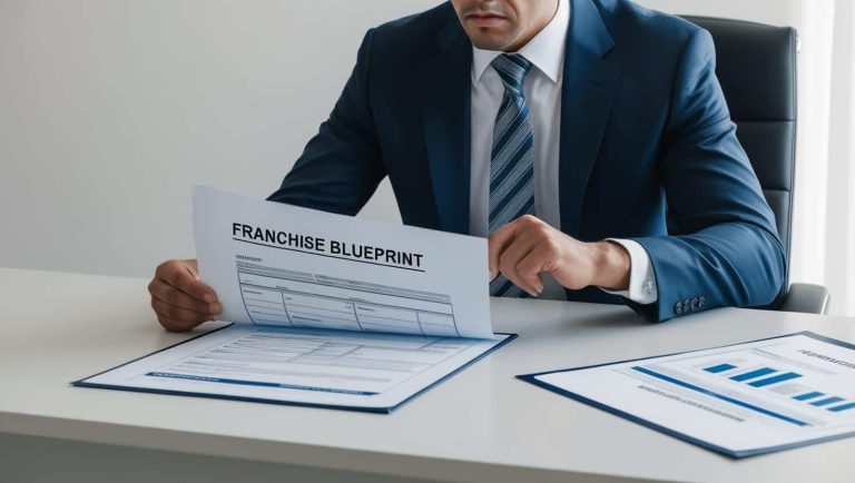A Businessperson Looking Conflicted at a Franchise Blueprint